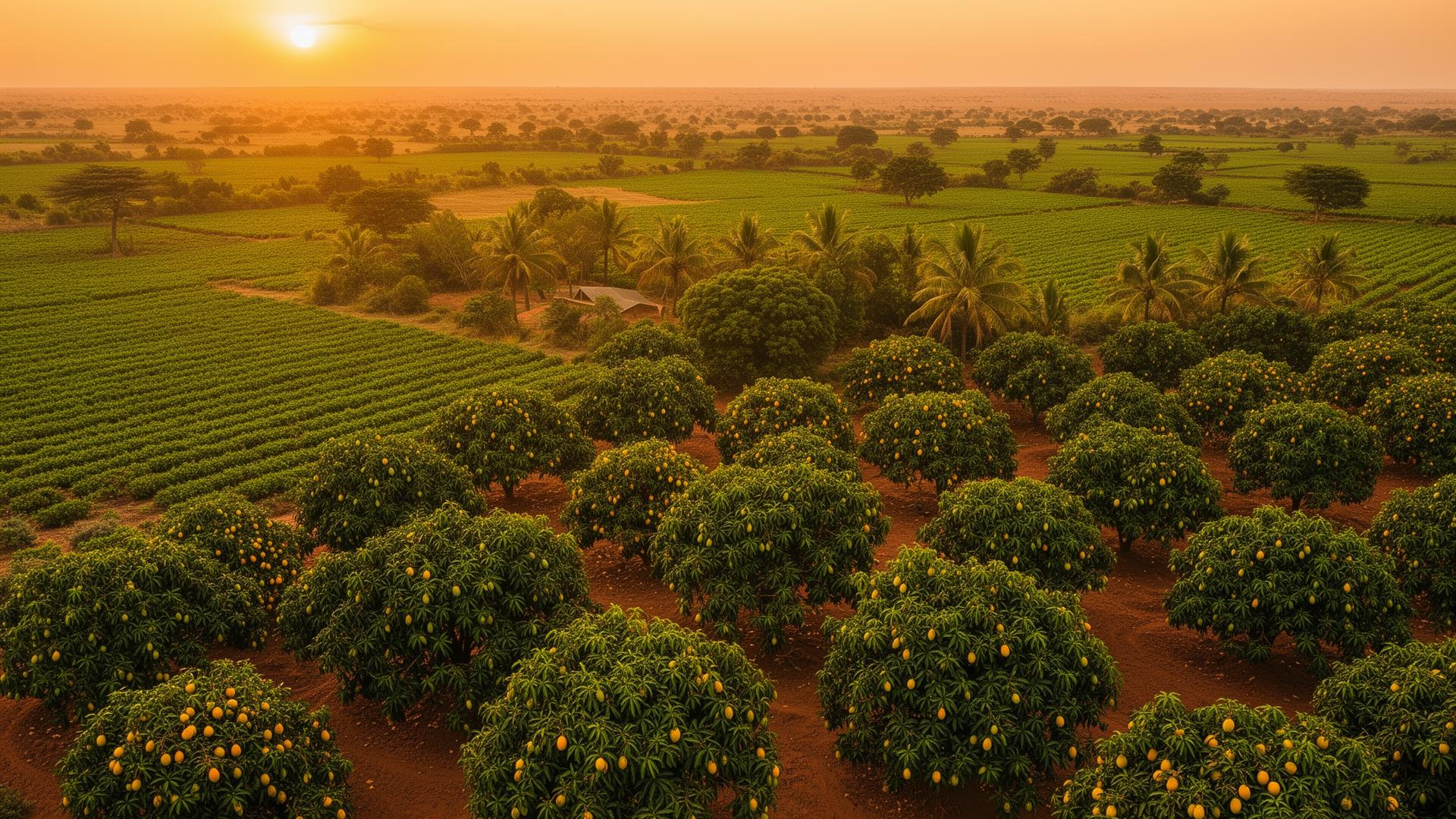 Vue aerienne des vergers de manguiers des Grands Domaines de Laghem au Senegal